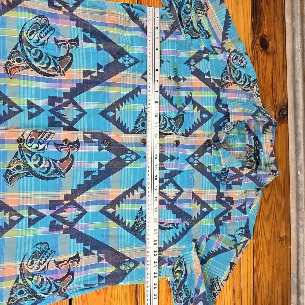 Polo Ralph Lauren Hawaiian Shirt Mens XL Blue Aztec Cotton Beach Plaid Shark EUC